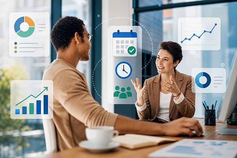 business meeting with analytics overlays