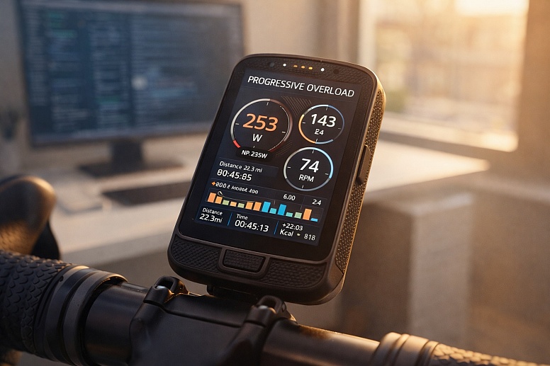 cycling computer in golden hour light