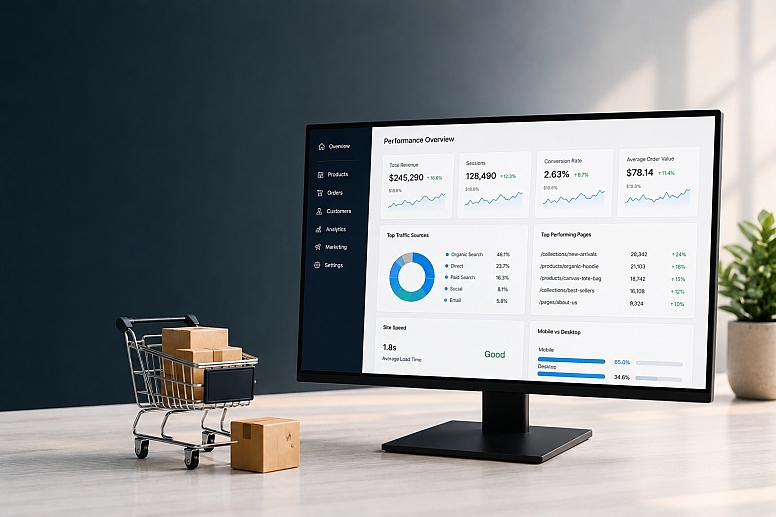 e commerce dashboard in a minimalist office