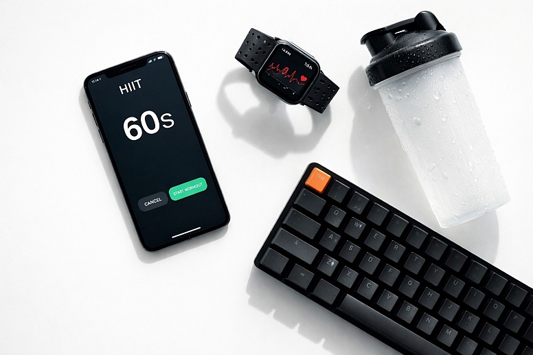 fitness tech flat lay setup