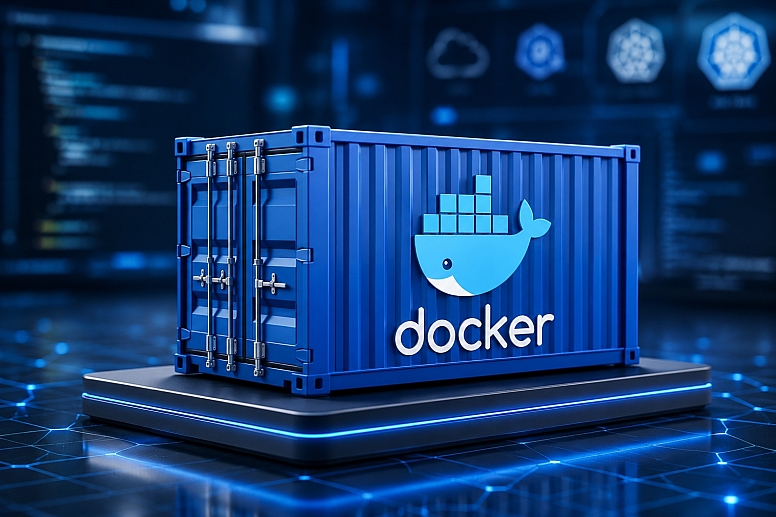 futuristic docker container on dark pedestal