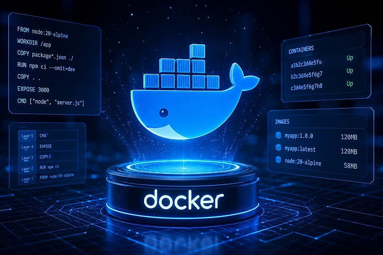 futuristic docker interface with holographic elements