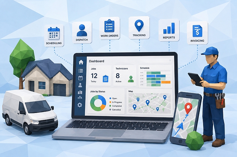 low poly field service dashboard ecosystem