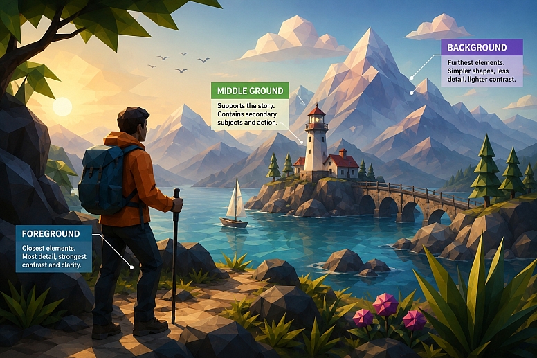 low poly landscape depth infographic