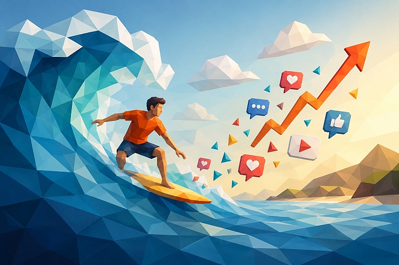 low poly surfer riding the viral wave