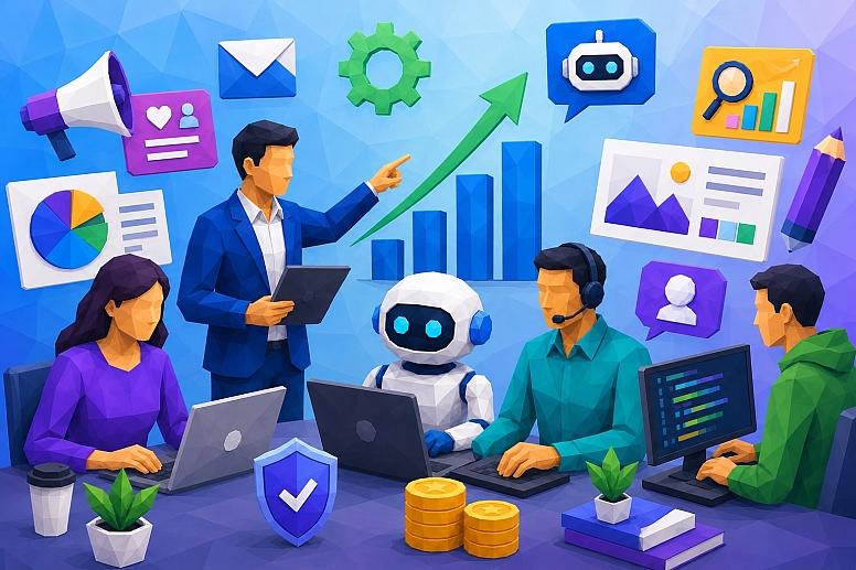 low poly teamwork and tech growth