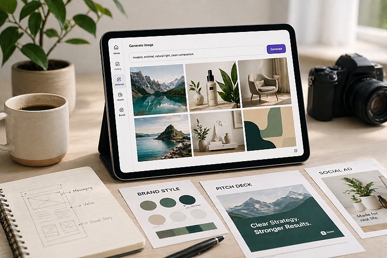 minimalist creative workspace with tablet ui