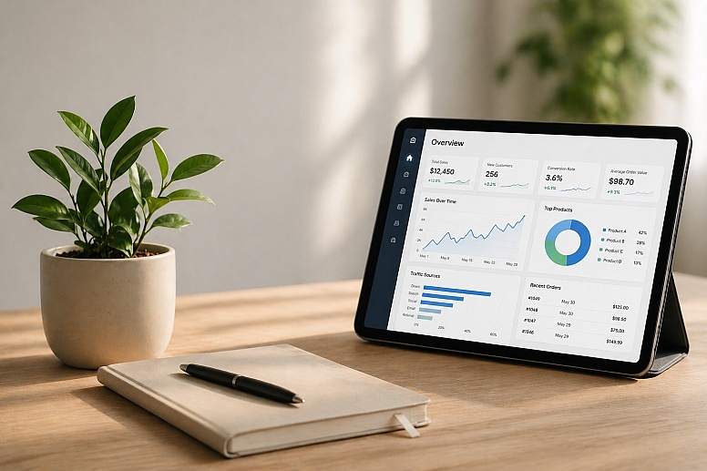 minimalist desk with tablet and plants