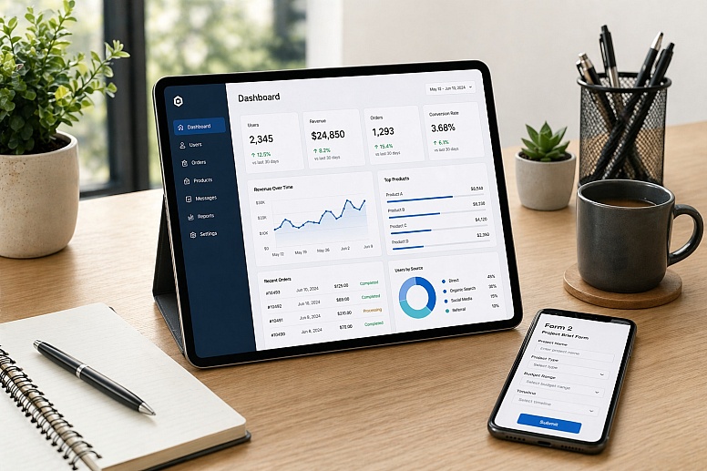 minimalist office with tablet dashboard