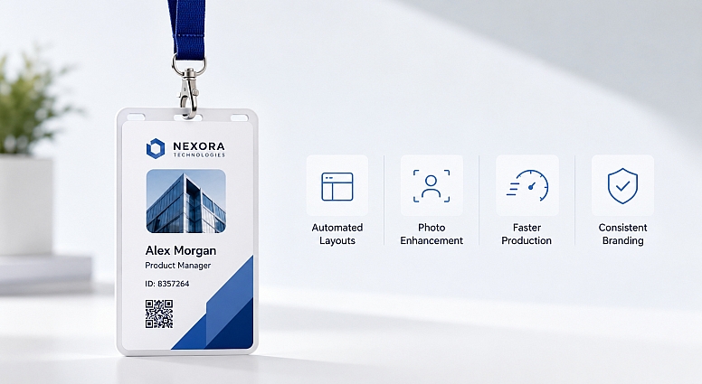 minimalist office workspace with id badge
