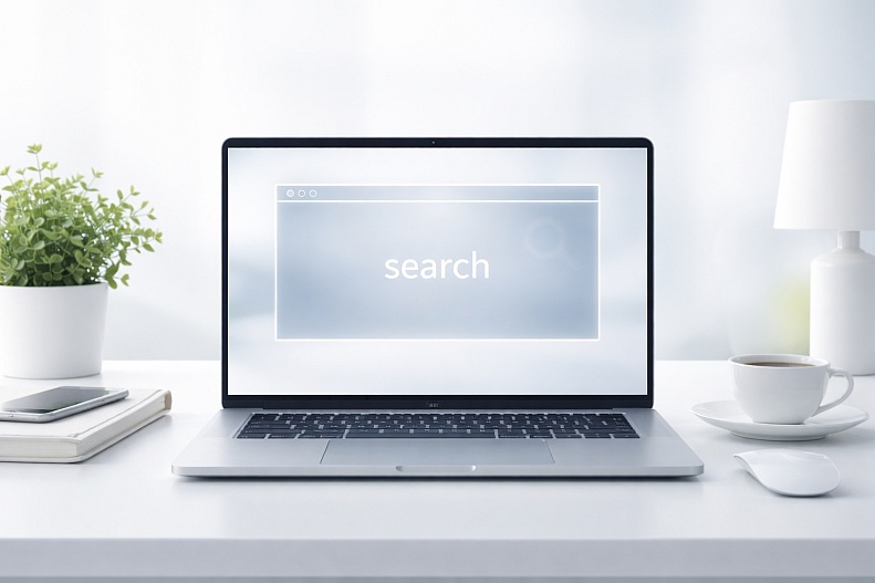 minimalist workspace with laptop and plant