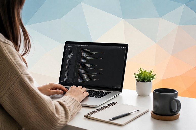 modern coding workspace with laptop and succulent