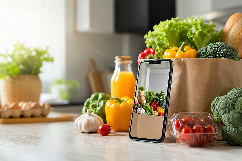 modern kitchen with fresh groceries and phone