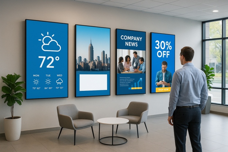 modern office lobby with digital displays