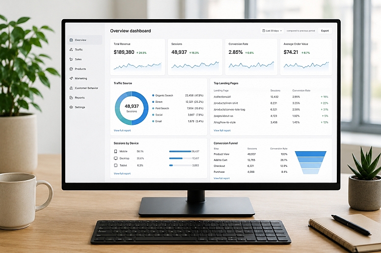 modern office workspace with analytics dashboard