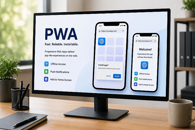 modern office workspace with pwa promo