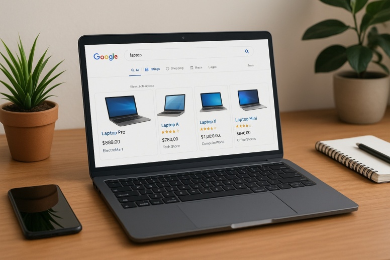 modern workspace with laptop search