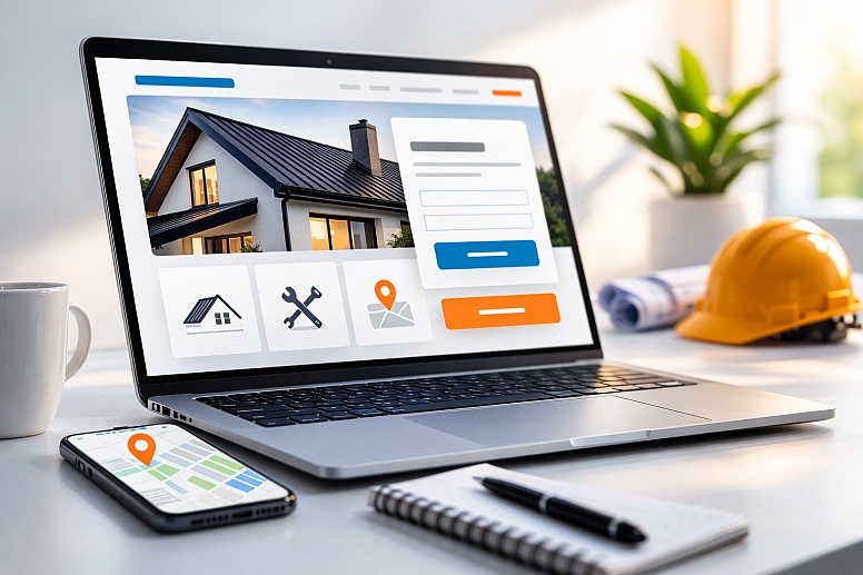 modern workspace with roofing website layout