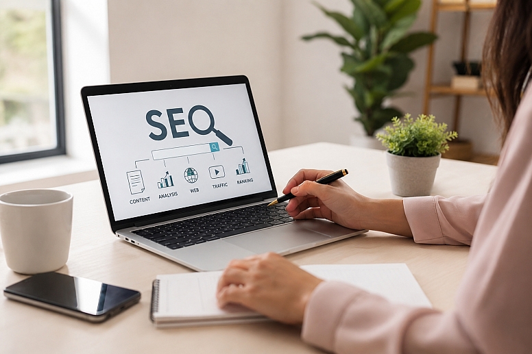 modern workspace with seo graphics