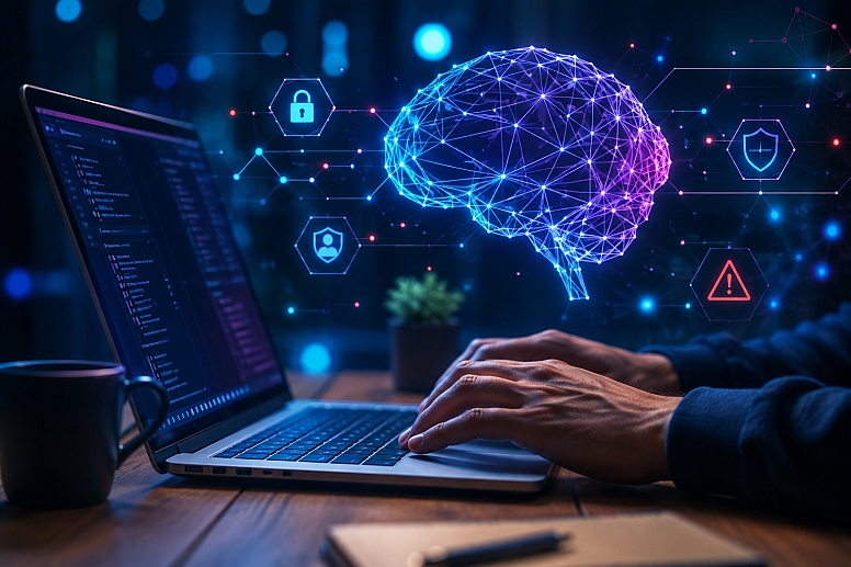 neon ai workspace with holographic brain