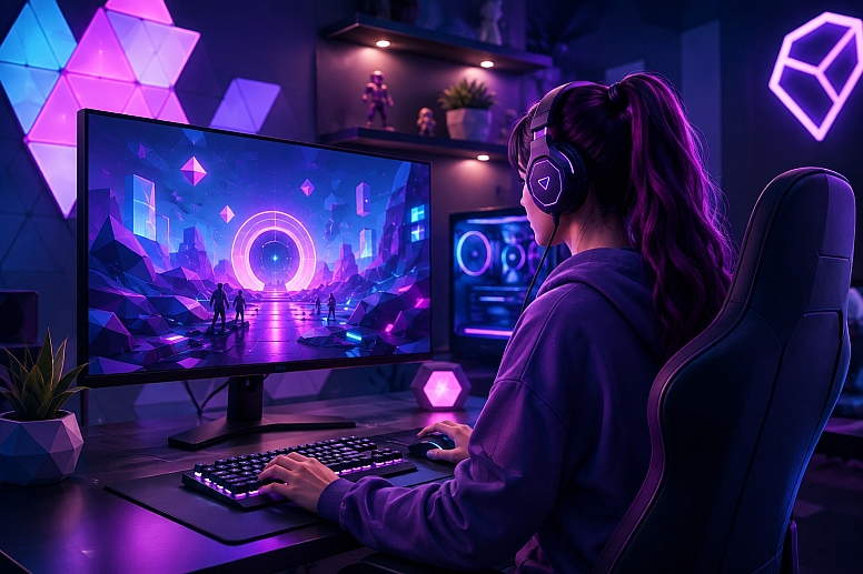 neon lit futuristic gaming room