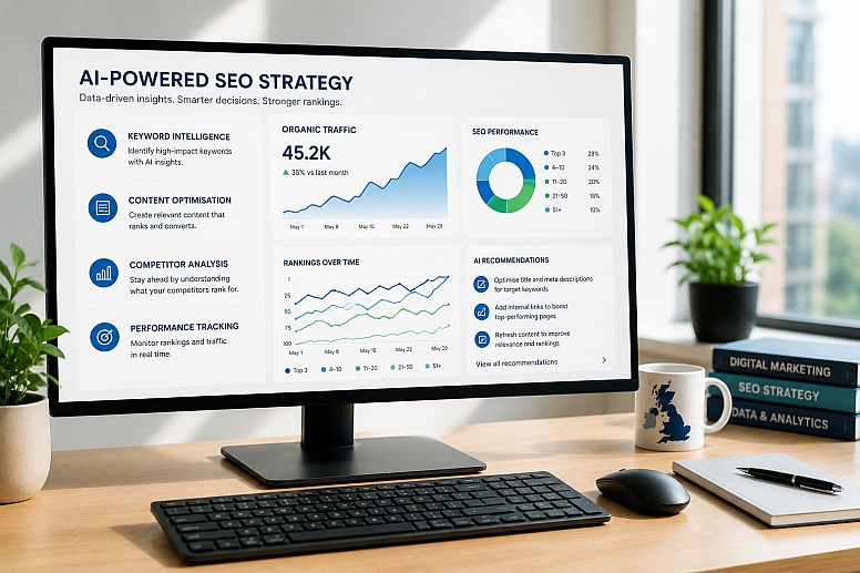 professional workspace with ai driven seo dashboard