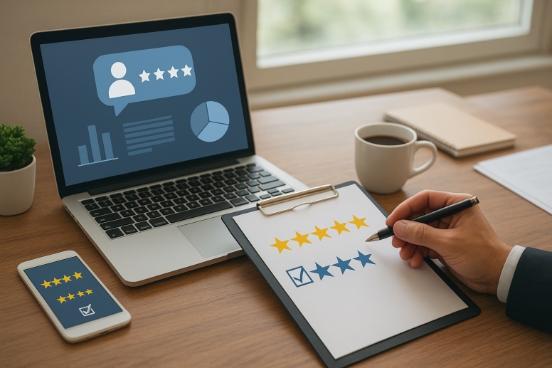 professional workspace with customer feedback