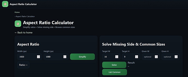 screen sizes aspect ratio calculator