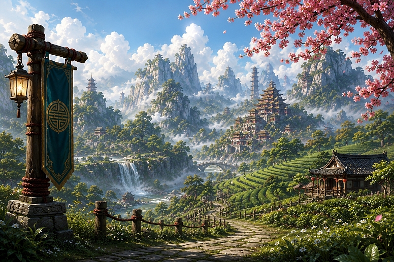 serene valley with pagodas and mist