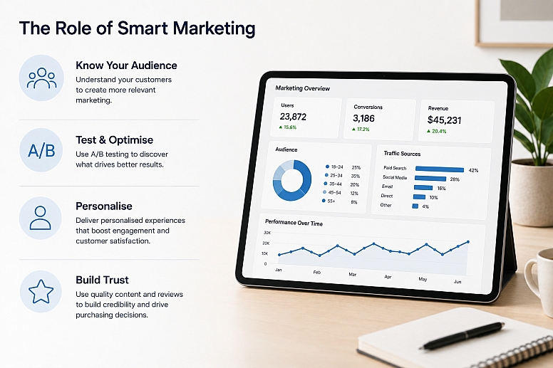 smart marketing dashboard in modern workspace