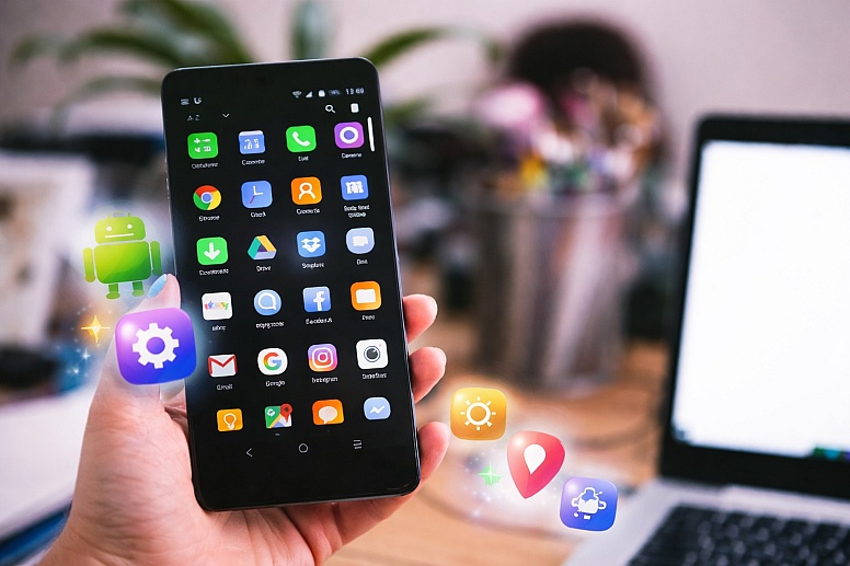smartphone and floating app icons
