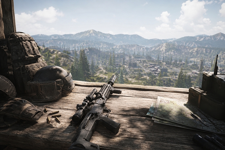 tactical gear setup with mountain view