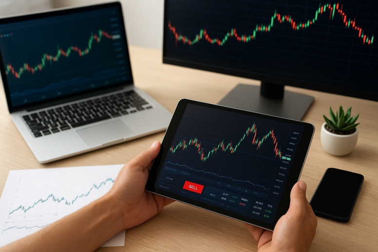 trading setup with devices and charts