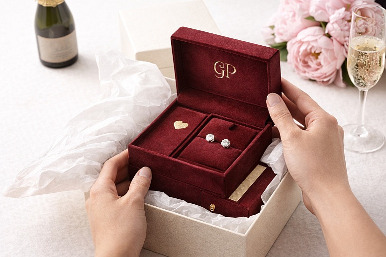 unboxing elegant jewellery with sparkling drink