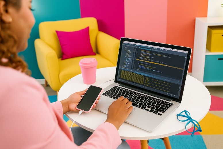 woman coding in colourful workspace