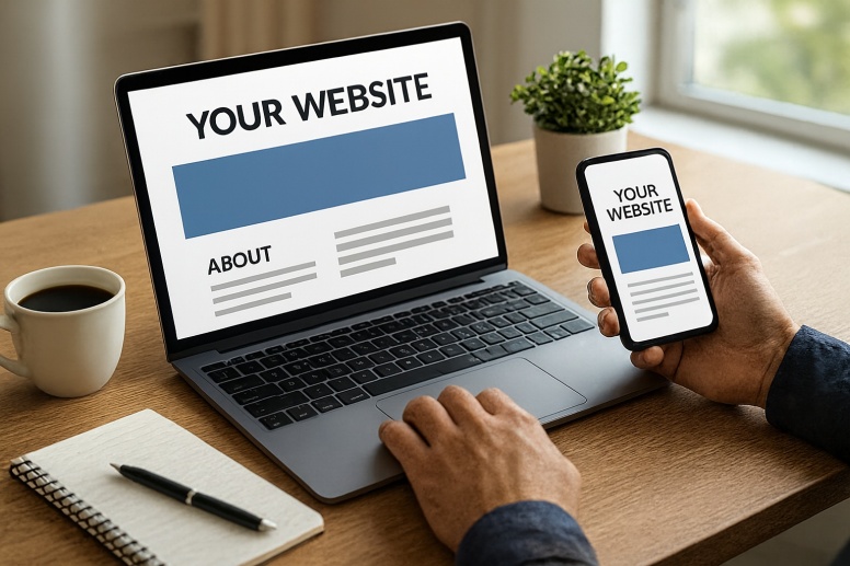 workspace with website mockup display